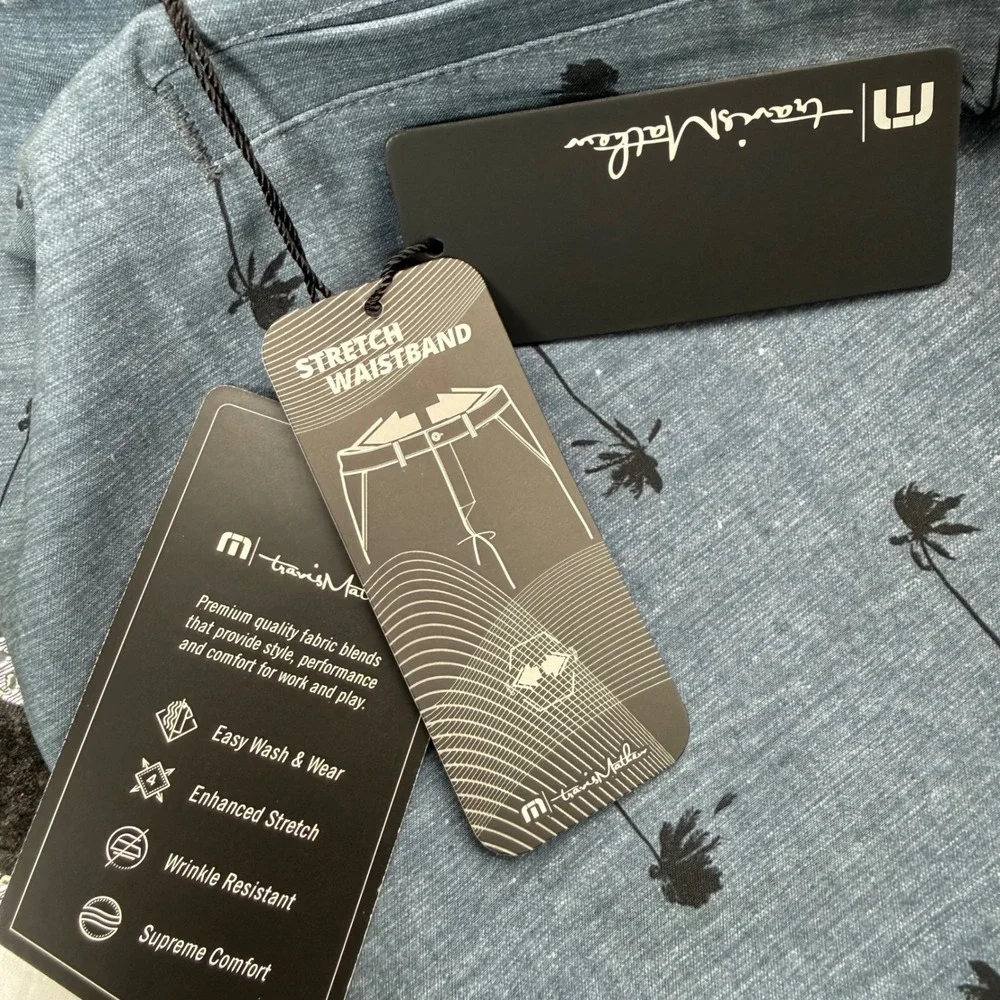 Travis Mathew Shorts Mens 38 Blue Nights But Why Palm Tree Print Stretch Golf